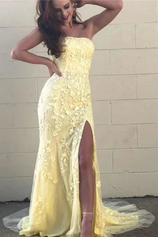 Fantastic Offers Daffodil Lace Strapless Appliques Slit Formal Evening Dresses Mermaid Prom Dresses
