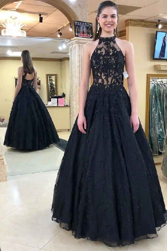 Members Only Black A-Line Appliques Halter Formal Evening Dresses Long Prom Dresses
