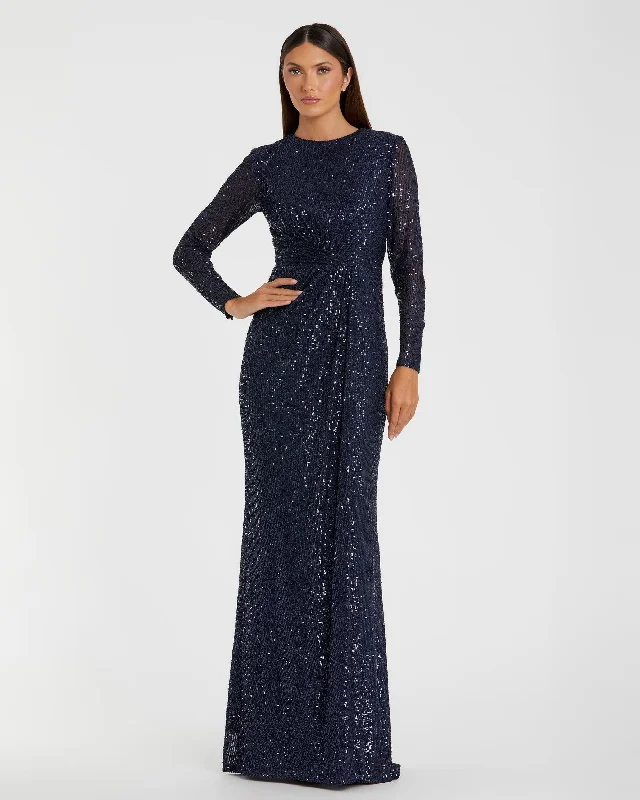 Big Discounts Navy Sequined Long Sleeve Side Knot Gown