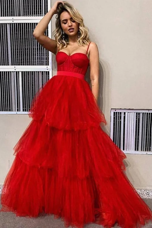 Exclusive Preview Red Tulle Spaghetti Straps Rufles Formal Evening Dresses A Line Long Prom Dresses