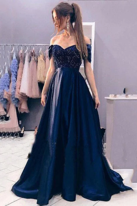 Early Access Dark Navy A-Line Rhinstone Off the Shoulder Long Prom Dresses Evening Party Gowns