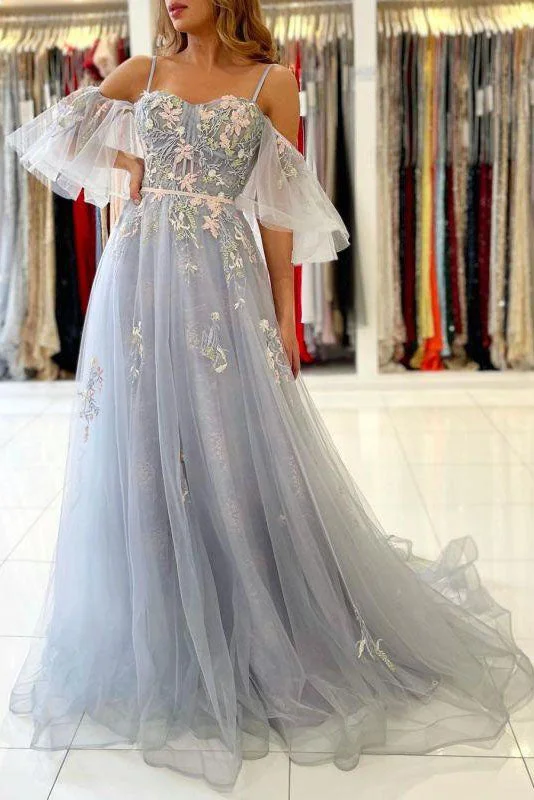 Price Meltdown Light Gray Vintage A-Line Tulle Lace Appliques Evening Prom Dresses