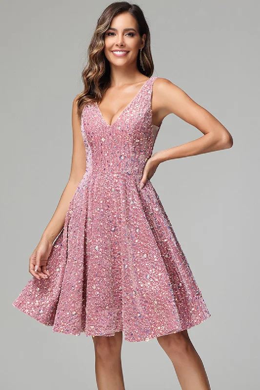 Unbeatable Prices Pink A Line V-neck Short Sequins Homecoming Dress