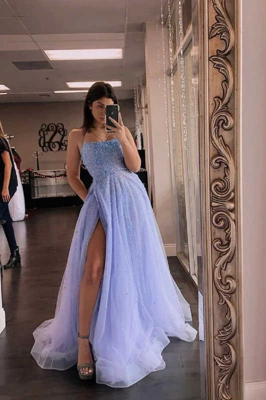 Buy More, Save More Beaded Long Tulle Formal Evening Dresses With Slit A Line Prom Dresses