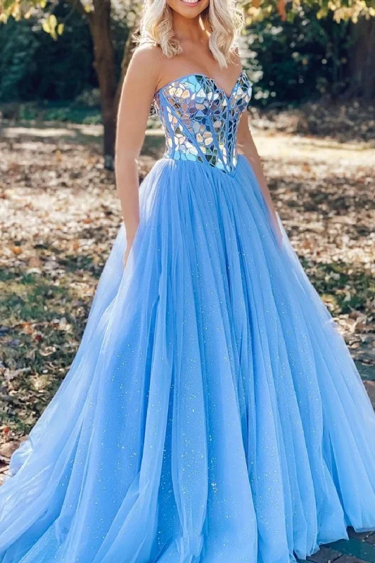 Midnight Madness Shiny Sweetheart Sequins BlueTulle Formal Evening Dresses Long Prom Dresses