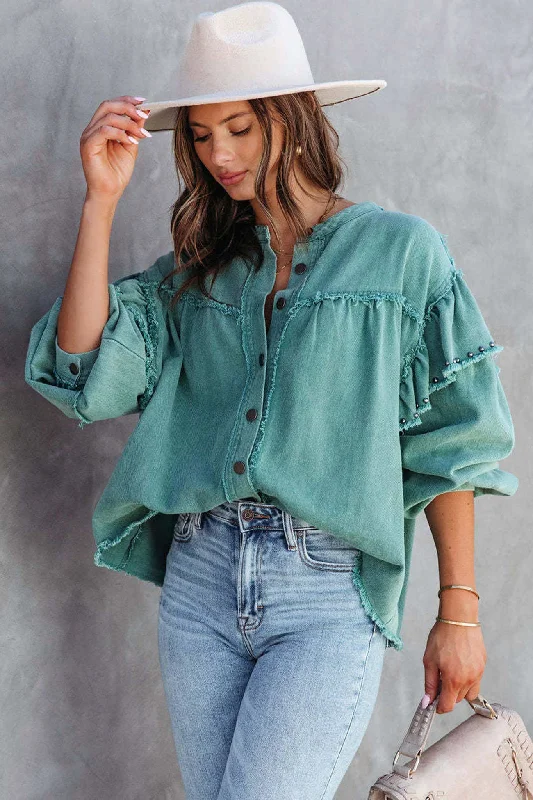 Midnight Madness Awakecrm Lantern Sleeve Nail Bead Ruffled Denim Tops