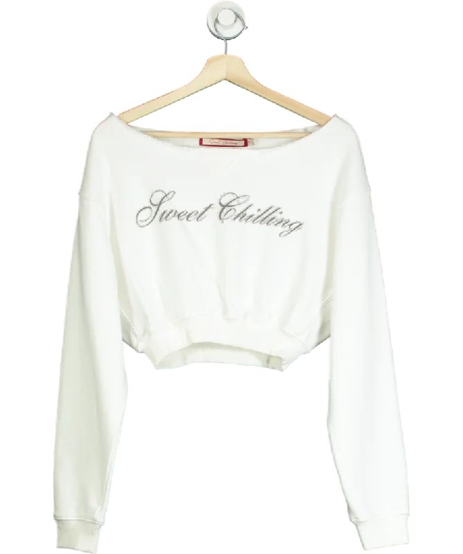 Stock Clearance Sweet Chilling White Oversized Off-shoulder Cropped Sweatshirt UK S