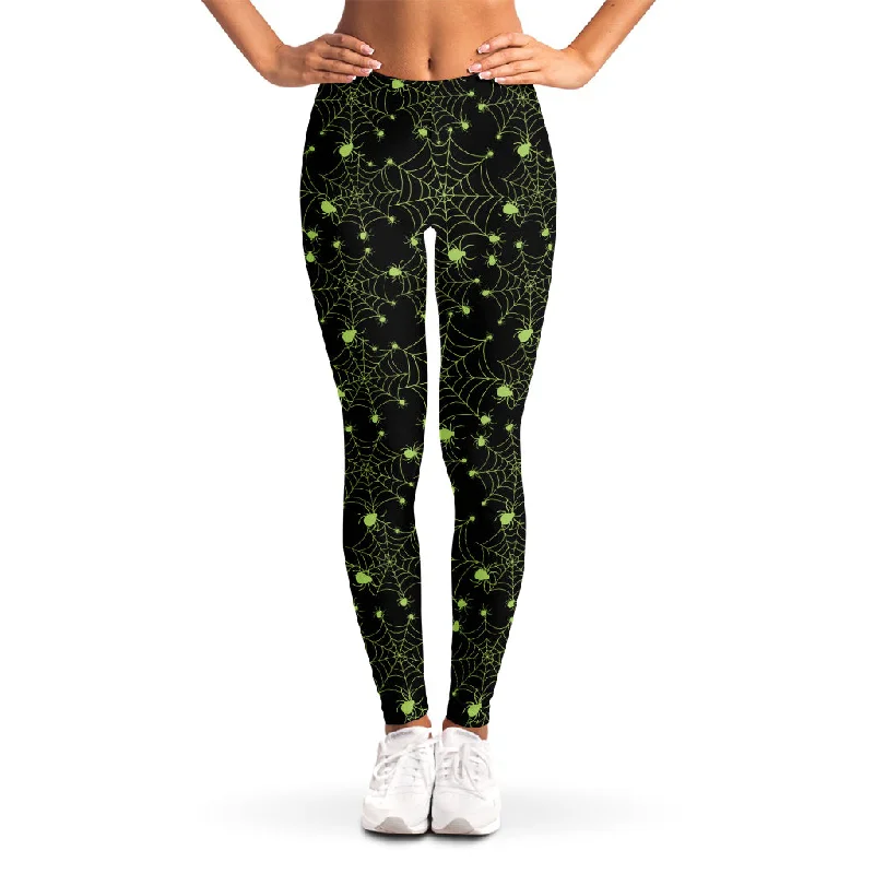 Holiday Sale Black And Green Spider Web Pattern Print Women's Leggings