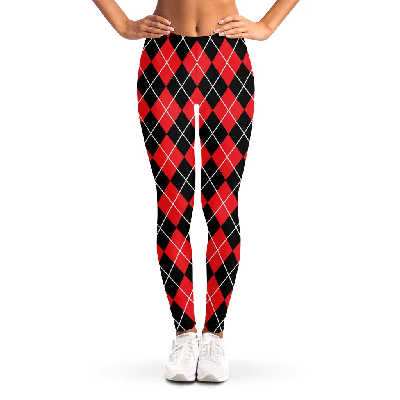 Instant Discount Black And Red Argyle Pattern Print Women's Leggings