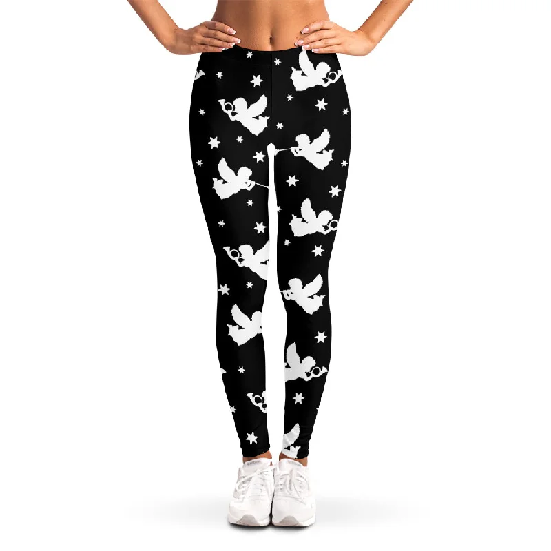 YEAR-End Sale Black And White Angel Pattern Print Women's Leggings