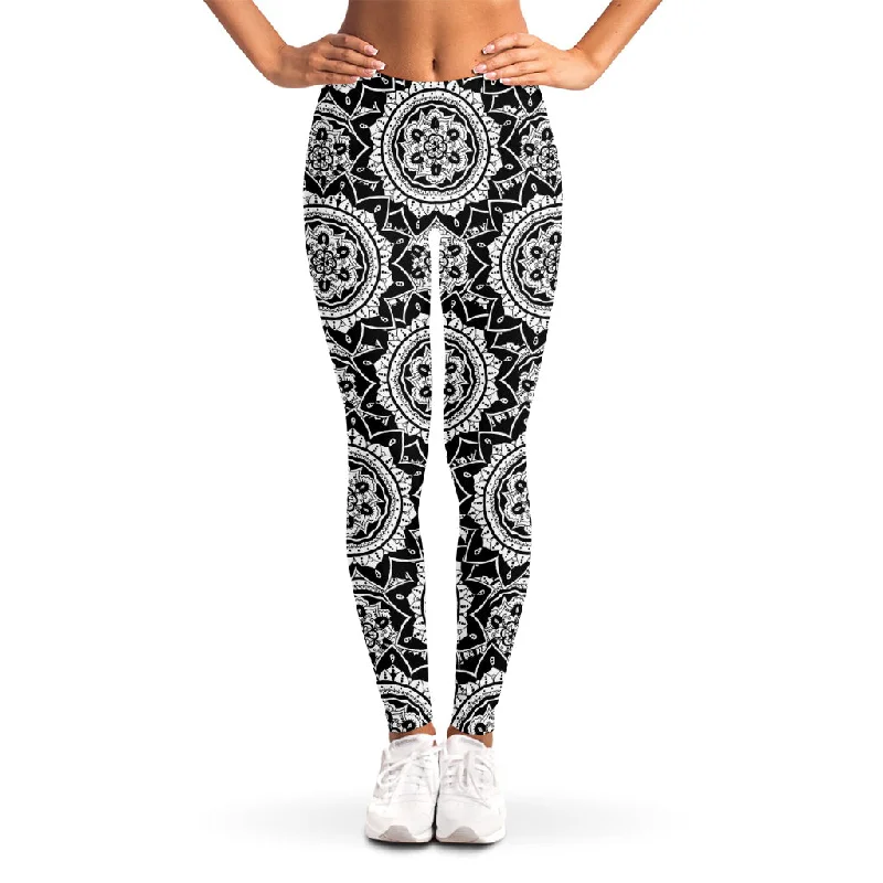 Early Access Black And White Boho Mandala Print Women's Leggings