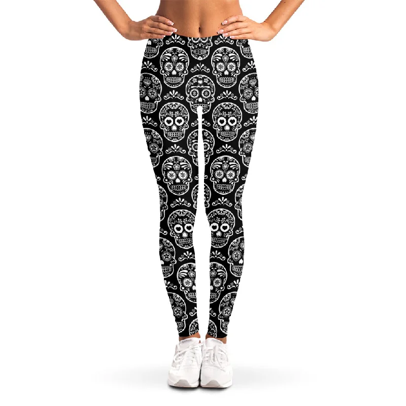 Closeout Sale Black And White Calavera Skull Print Women's Leggings