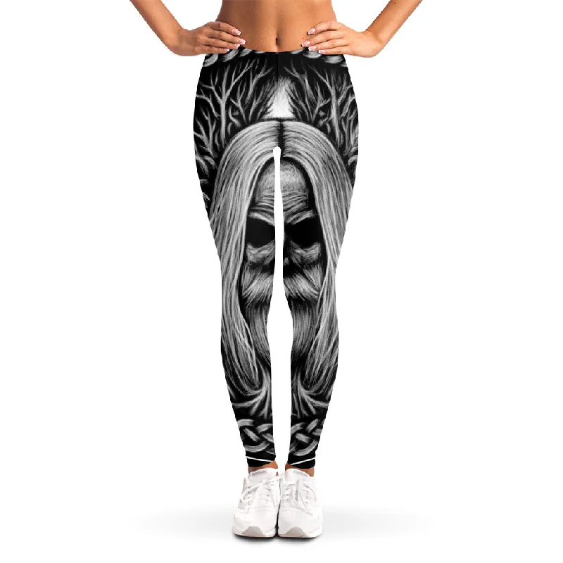 Limited Stock Black And White Odin With Crows Print Women's Leggings