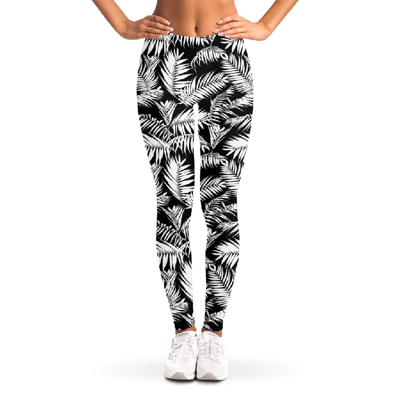 Special Price Black And White Palm Leaves Print Women's Leggings