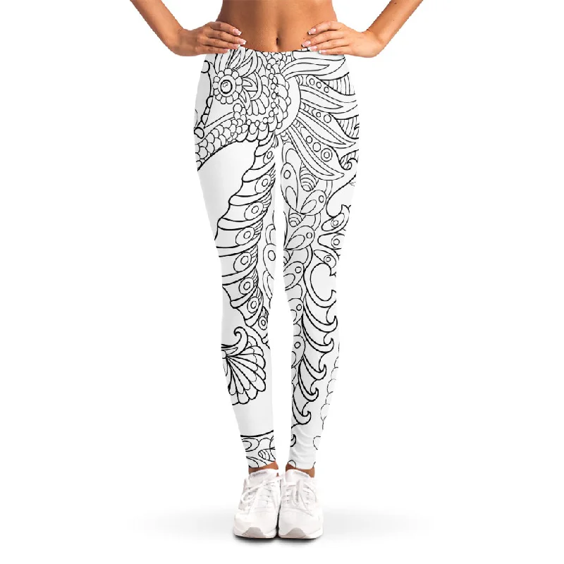 Final Sale Black And White Seahorse Print Women's Leggings