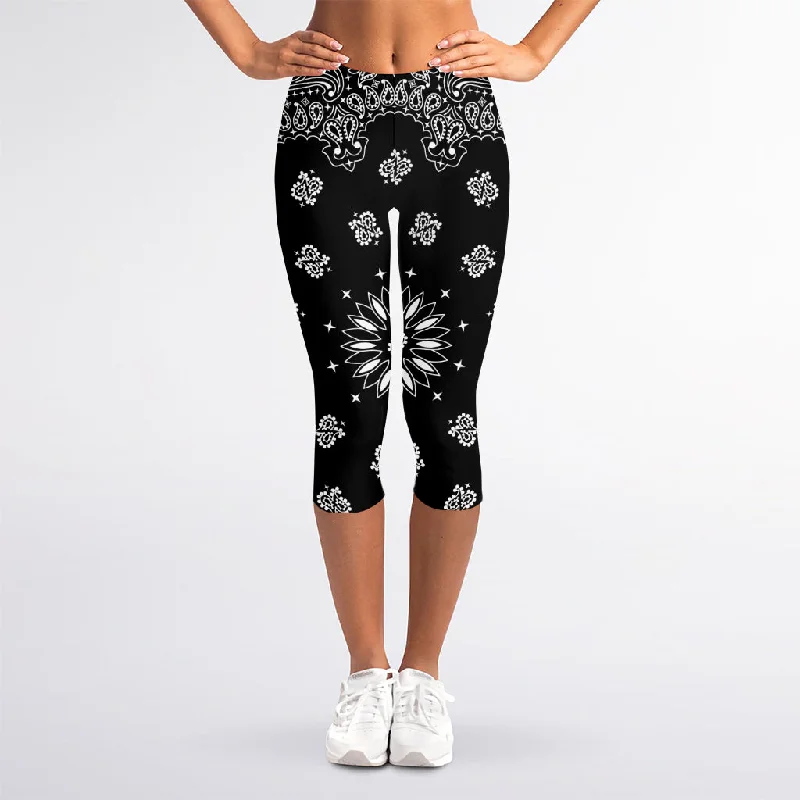 Closeout Sale Black Paisley Bandana Print Women's Capri Leggings