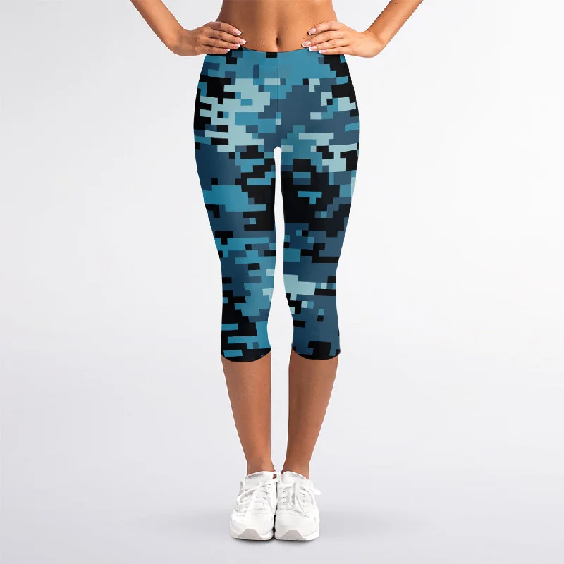 Extra Discounts Blue And Black Digital Camo Print Women's Capri Leggings