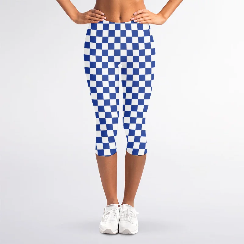Unbeatable Prices Blue And White Checkered Pattern Print Women's Capri Leggings