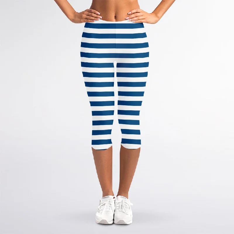 Steals and Deals Blue And White Striped Pattern Print Women's Capri Leggings