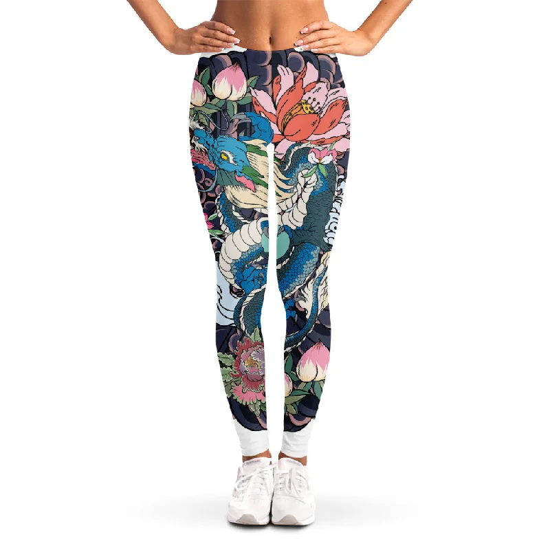 Discount Days Blue Japanese Dragon Tattoo Print Women's Leggings