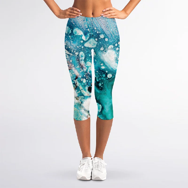 Special Savings Blue Ocean Acid Melt Print Women's Capri Leggings