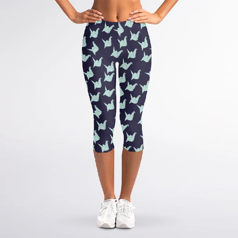 Final Sale Blue Origami Crane Pattern Print Women's Capri Leggings