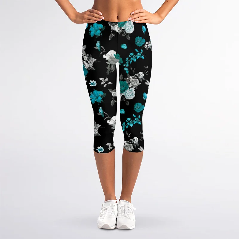 Super Sale Blue Peony And Grey Rose Floral Print Women's Capri Leggings