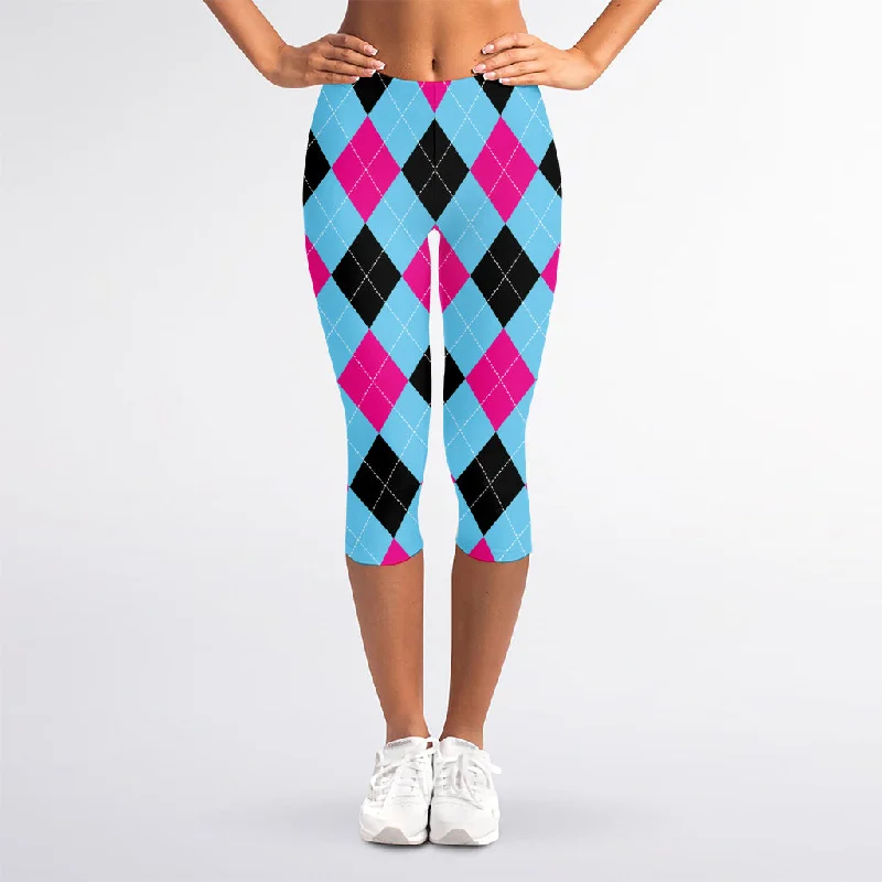 Blowout Deals Blue Pink And Black Argyle Pattern Print Women's Capri Leggings