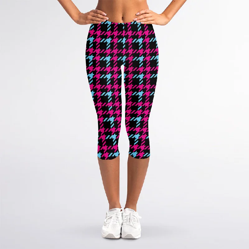 Act Now Blue Pink And Black Houndstooth Print Women's Capri Leggings