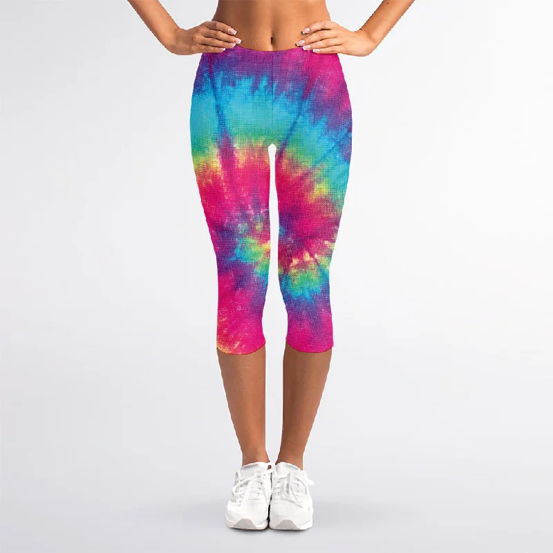 Weekend Deal Blue Pink And Yellow Tie Dye Print Women's Capri Leggings