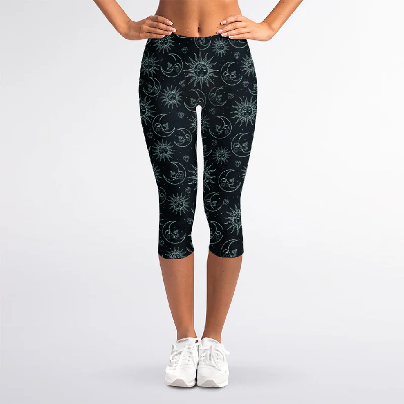 Seasonal Clearance Blue Sun And Moon Pattern Print Women's Capri Leggings