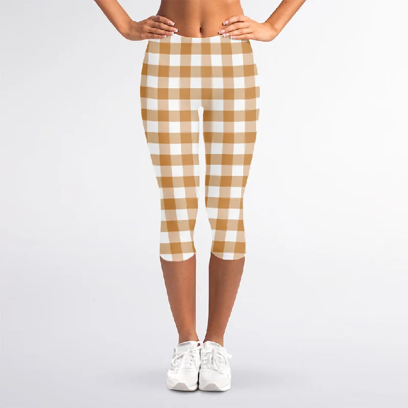 Super Sale Brown And White Gingham Pattern Print Women's Capri Leggings