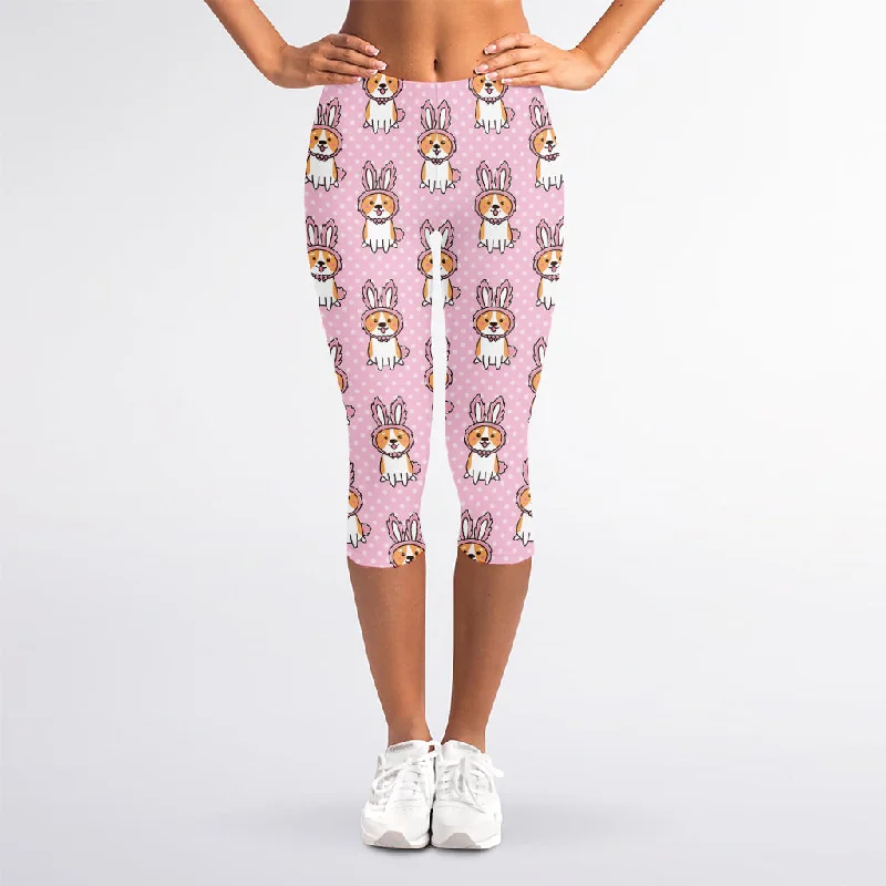 Can't Be Beat Bunny Corgi Pattern Print Women's Capri Leggings