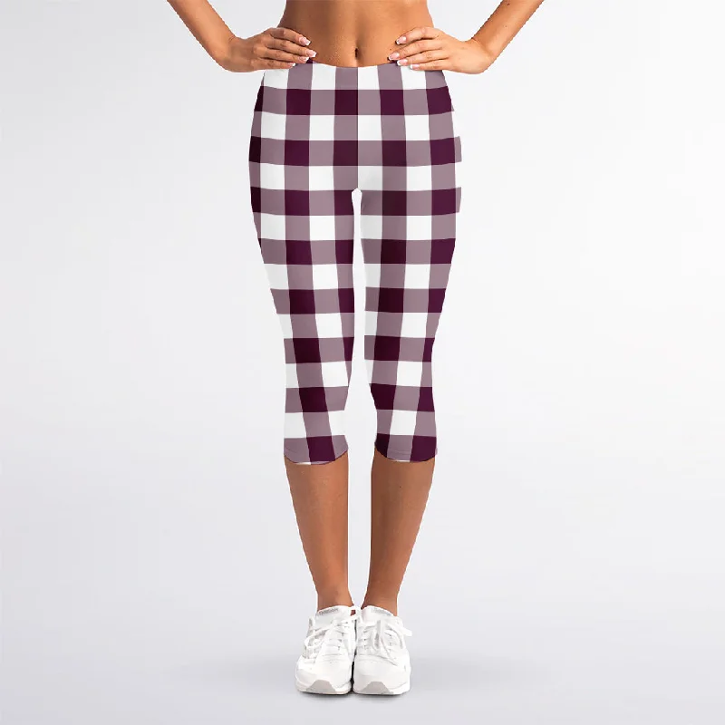 Extra Discounts Burgundy And White Check Pattern Print Women's Capri Leggings