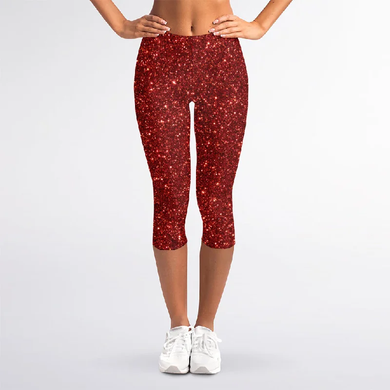 Discount Mania Burgundy (NOT Real) Glitter Print Women's Capri Leggings