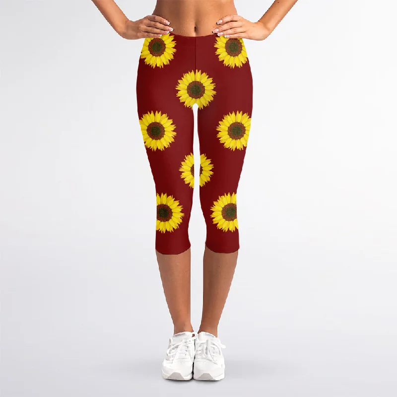 Crazy Savings Burgundy Sunflower Pattern Print Women's Capri Leggings