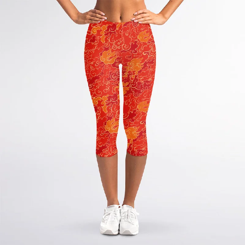 Today’s Deal Burning Japanese Flame Pattern Print Women's Capri Leggings
