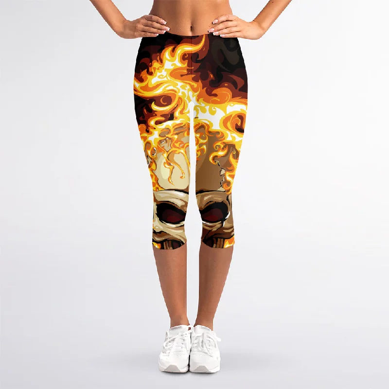Super Bargain Burning Skull Print Women's Capri Leggings