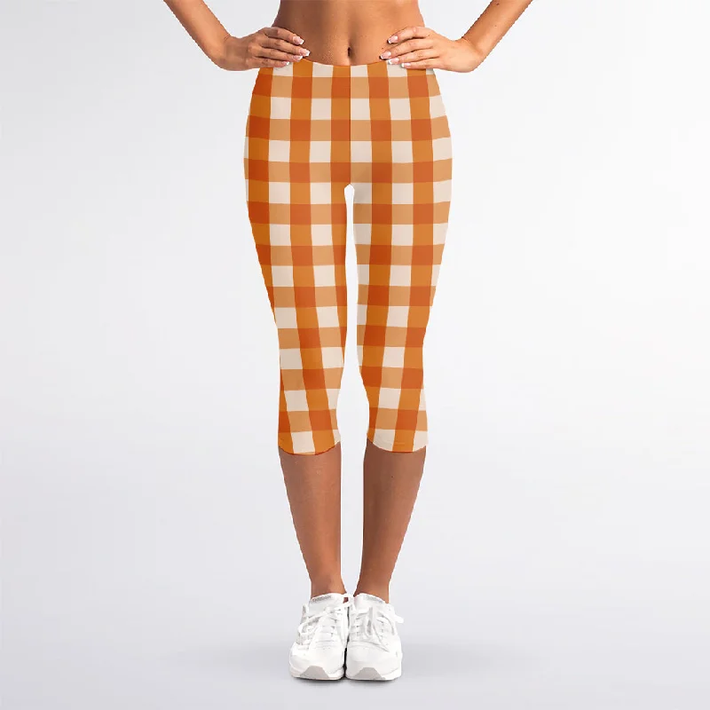 Steals and Deals Burnt Orange And White Check Print Women's Capri Leggings