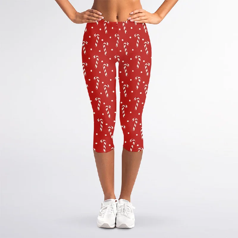 Limited Time Discount Candy Cane Polka Dot Pattern Print Women's Capri Leggings