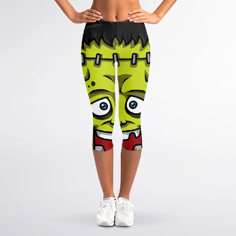 Can't Be Beat Cartoon Frankenstein Print Women's Capri Leggings