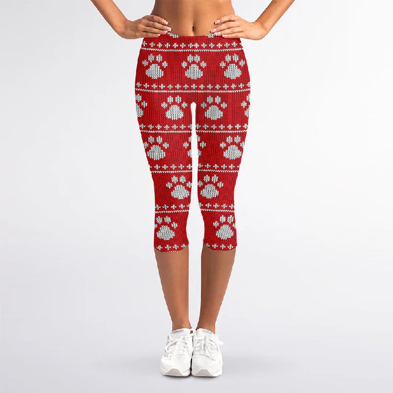 Blowout Sale Christmas Paw Knitted Pattern Print Women's Capri Leggings