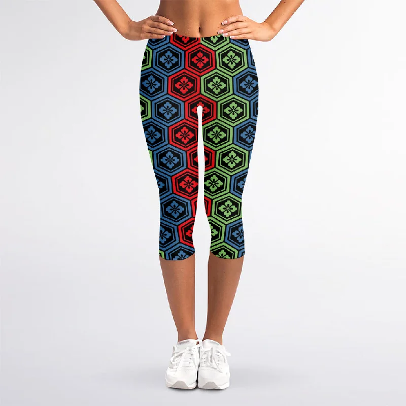 Savings Galore Colorful Japanese Flower Pattern Print Women's Capri Leggings