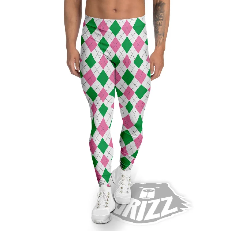 Clearance Sale Pink Green And White Argyle Print Men's Leggings