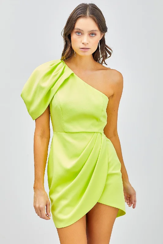 Members Only One Shoulder Puff Pleats Dress - DB