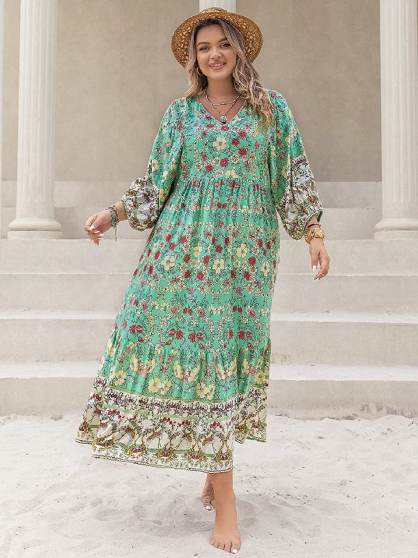 Super Deal Heather Plus Size Floral V-Neck Balloon Sleeve Midi Dress