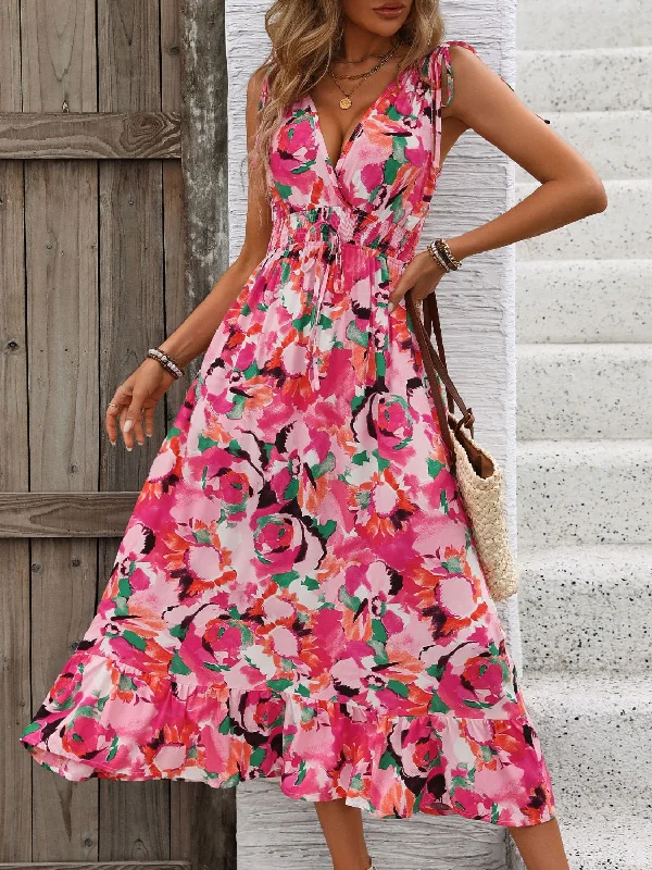 Price Cut Romeo Ruffled Smocked Printed Sleeveless Dress